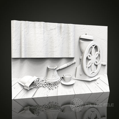 Rustic Coffee Grinder Relief - 3D CNC Engraved Wood Panel, Artcam Aspire STL Model for CNC Router, Coffee Lover's Wall Art