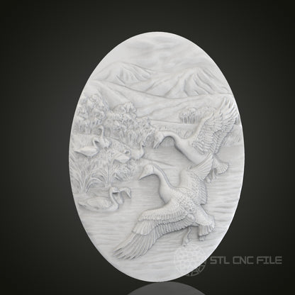 Swans in Flight 3D Relief Art for CNC Router, Artcam, Aspire, Wall Decor, STL Model, Compatible with 3D Printers