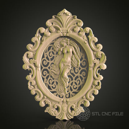 Elegant Woman in Ornate Frame STL Model for CNC Router, Aspire, Artcam, 3D Printer, Wall Decor, Wood Art