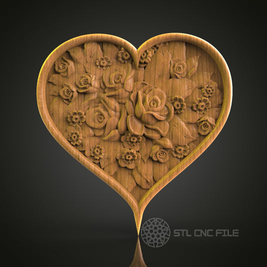 Heart with Roses Relief - STL Model for CNC Router Engraver - Artcam, Aspire Compatible - Wood Art, Wall Decor, 3D Printer Ready