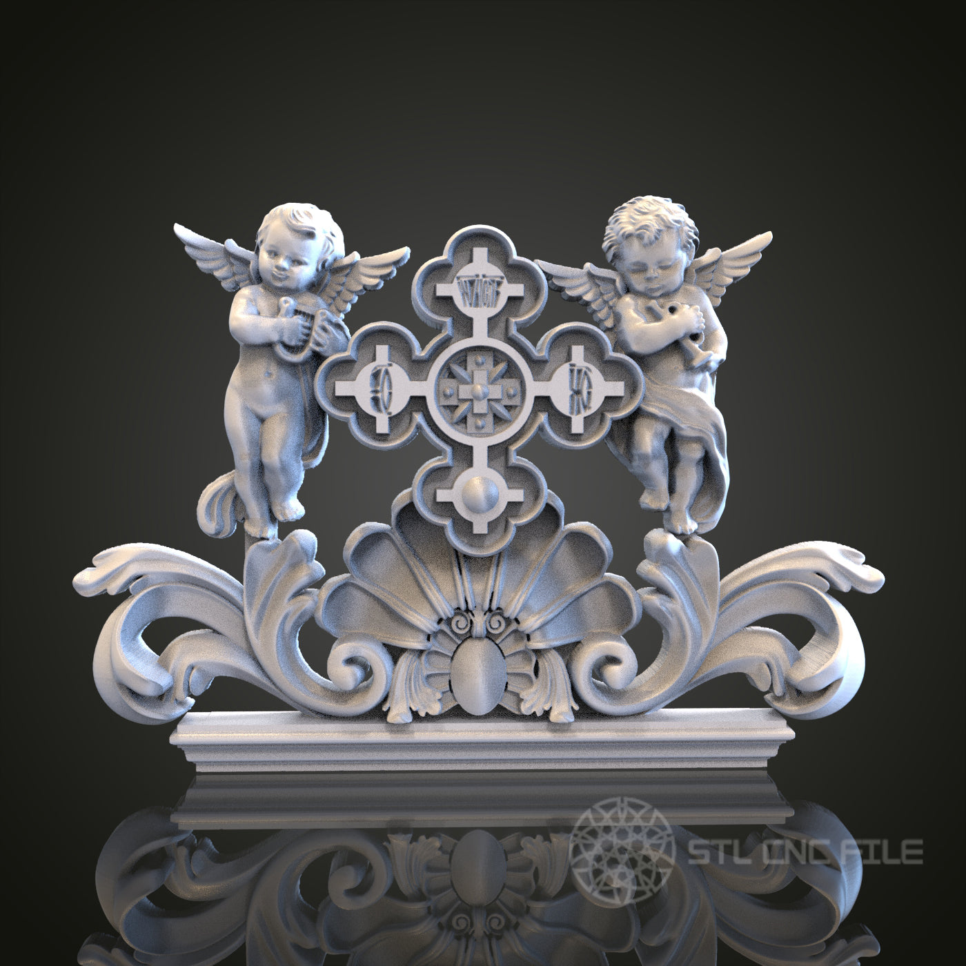 Cherubs with Cross Relief STL Model for CNC Router Engraver, Artcam, Aspire, Wood, Wall Decor