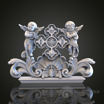 Cherubs with Cross Relief STL Model for CNC Router Engraver, Artcam, Aspire, Wood, Wall Decor