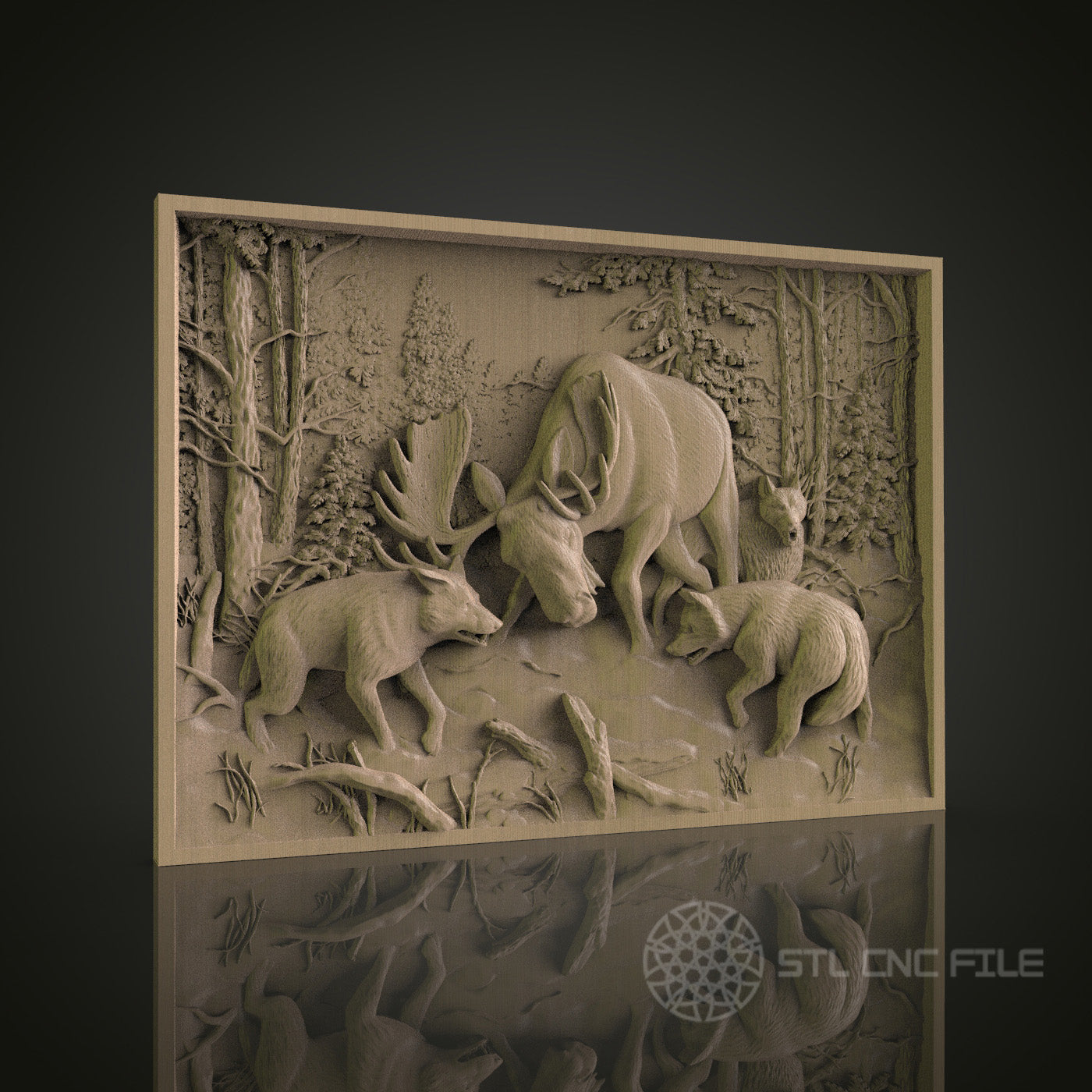 Forest Scene with Moose and Wolves Relief Art STL Model for CNC Router Engraver - Wood Art Wall Decor - 3D Printer File for Artcam and Aspire