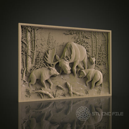 Forest Scene with Moose and Wolves Relief Art STL Model for CNC Router Engraver - Wood Art Wall Decor - 3D Printer File for Artcam and Aspire