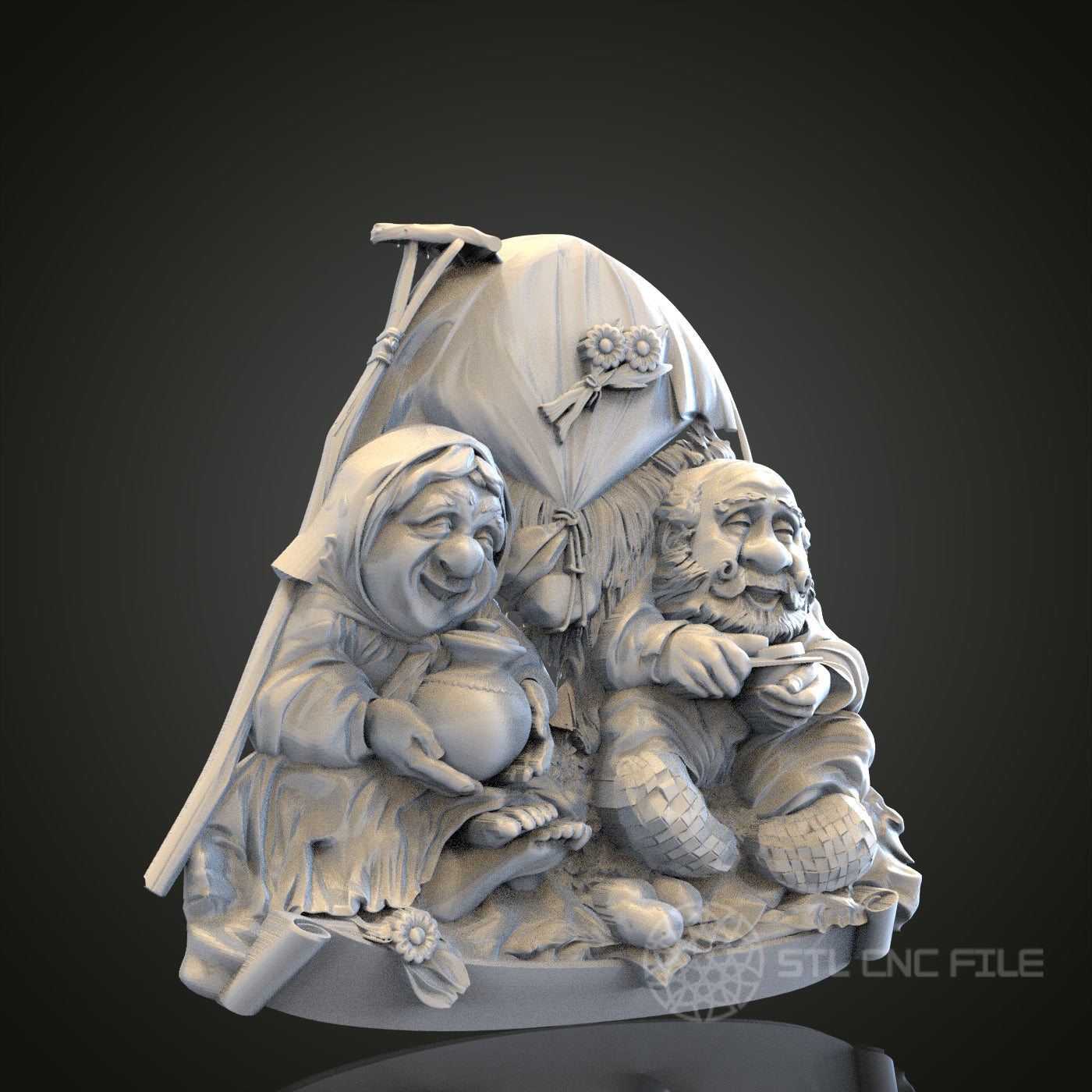 Joyful Elders - 3D CNC Engraved Wood Panel, Artcam Aspire STL Model for CNC Router, Heartwarming Wall Art