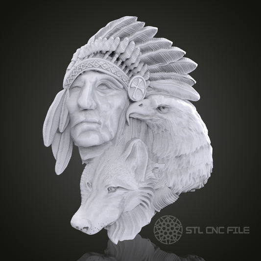 Native American Chief with Eagle and Wolf 3D Relief Art for CNC Router, Artcam, Aspire, Wall Decor, STL Model, Compatible with 3D Printers