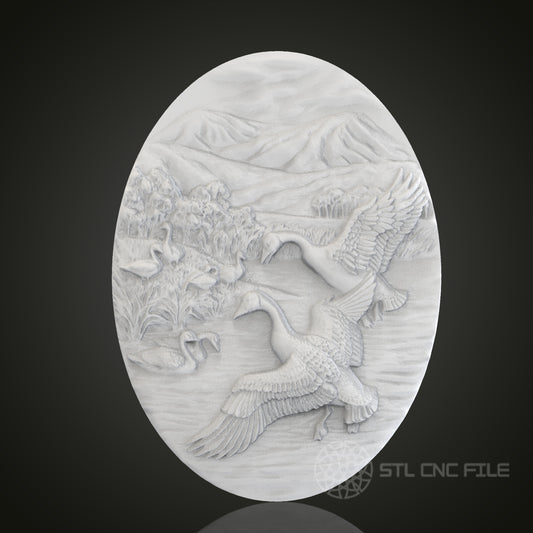 Swans in Flight 3D Relief Art for CNC Router, Artcam, Aspire, Wall Decor, STL Model, Compatible with 3D Printers
