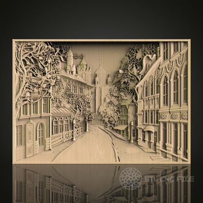 Detailed CNC Engraved Urban Street Scene Wood Panel - STL Model for 3D Printer & CNC Router