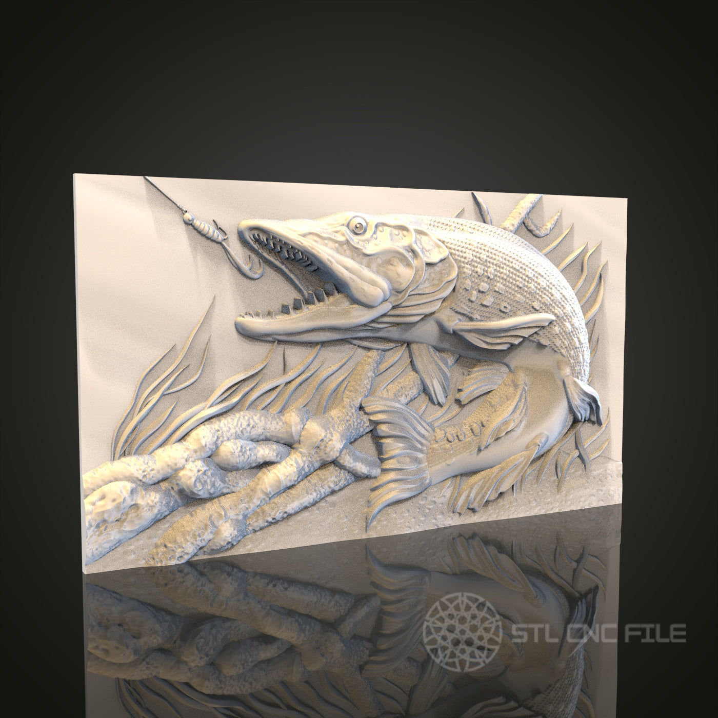 Dynamic Fish and Lure Relief STL Model for CNC and 3D Printing, Artcam, Aspire, Wall Decor