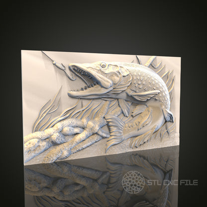 Dynamic Fish and Lure Relief STL Model for CNC and 3D Printing, Artcam, Aspire, Wall Decor