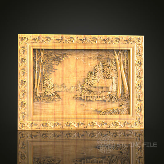 Winter Cabin in the Woods Wall Art - 3D STL File for CNC Wood Carving