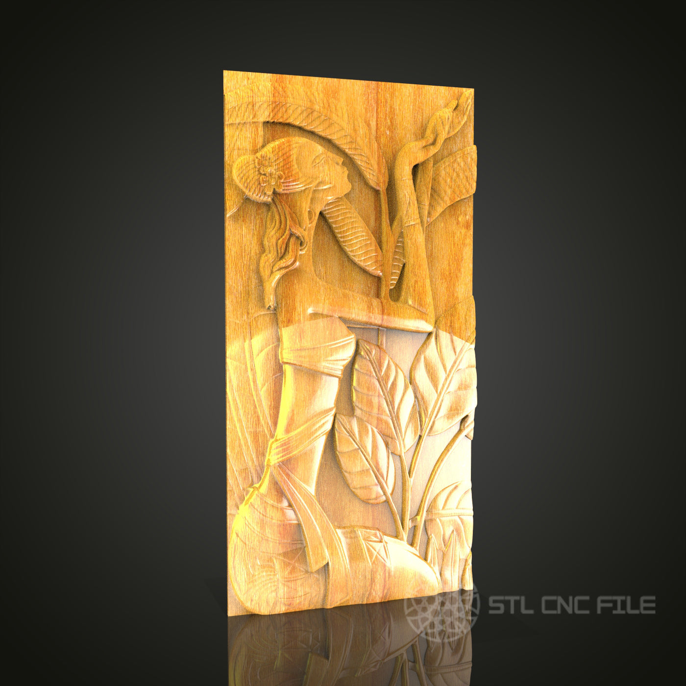 Elegant Lady in Garden Relief STL Model for CNC Router - Artcam, Aspire Compatible, Serene Wood Carving