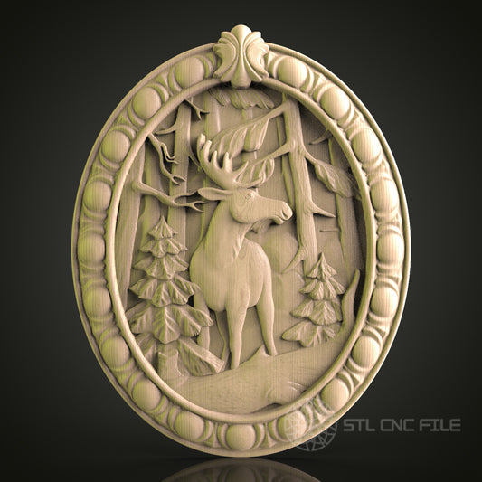 Deer in Forest Oval Relief STL Model for CNC Router, Aspire, Artcam, 3D Printer, Wall Decor, Wood Art