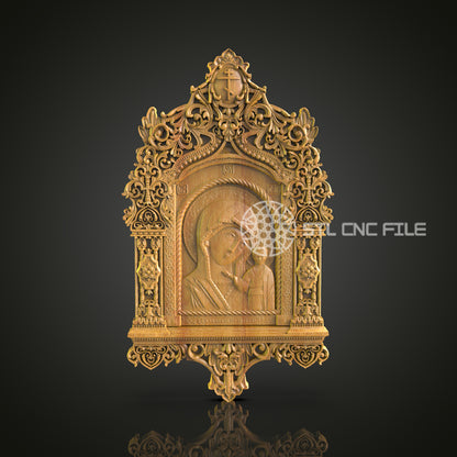 Gothic Arch Religious Icon CNC Router Engraved Wood Panel - Mary and Jesus for Sacred Home and Church Decor