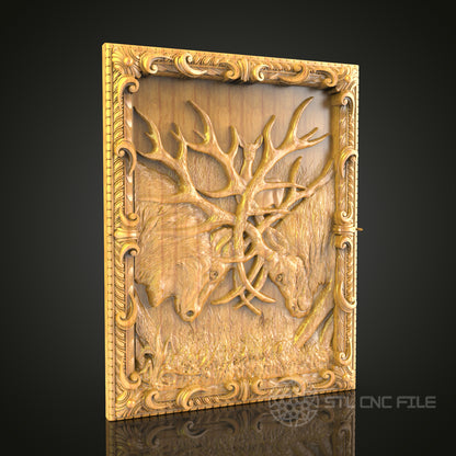 Stag Duel 3D STL Model - CNC Router File for Wildlife Wood Carving, Majestic Deer Wall Art
