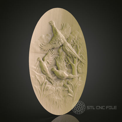 Elegant Bird and Nature Scene Oval STL Model for CNC Router and 3D Printer | Wall Art Decor