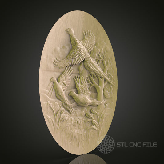 Elegant Bird and Nature Scene Oval STL Model for CNC Router and 3D Printer | Wall Art Decor