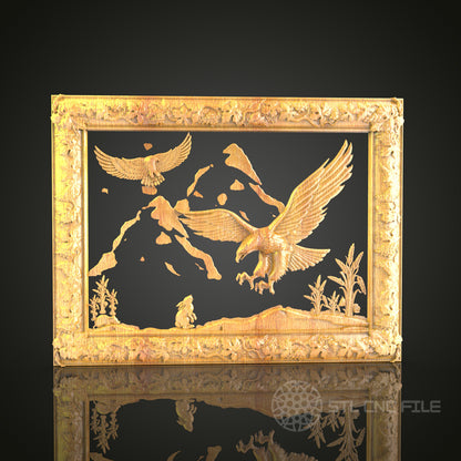 Majestic Eagles in Flight 3D Relief Model for CNC – Wildlife Sky Scene, Ornate Frame Art File