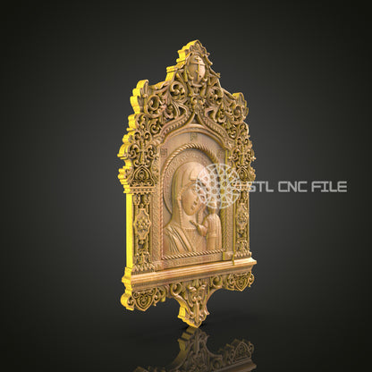 Gothic Arch Religious Icon CNC Router Engraved Wood Panel - Mary and Jesus for Sacred Home and Church Decor
