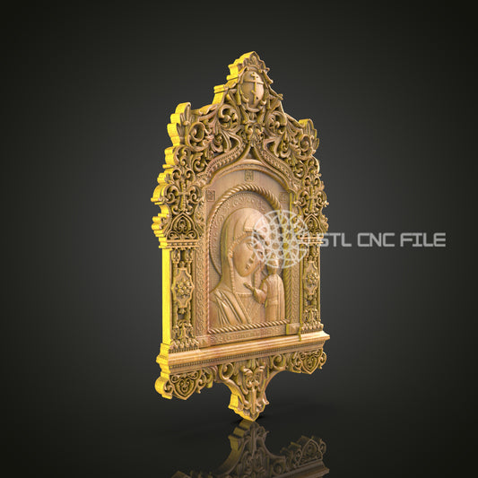 Gothic Arch Religious Icon CNC Router Engraved Wood Panel - Mary and Jesus for Sacred Home and Church Decor