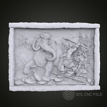Woolly Mammoth Hunt 3D Relief Art for CNC Router, Artcam, Aspire, Wall Decor, STL Model, Compatible with 3D Printers