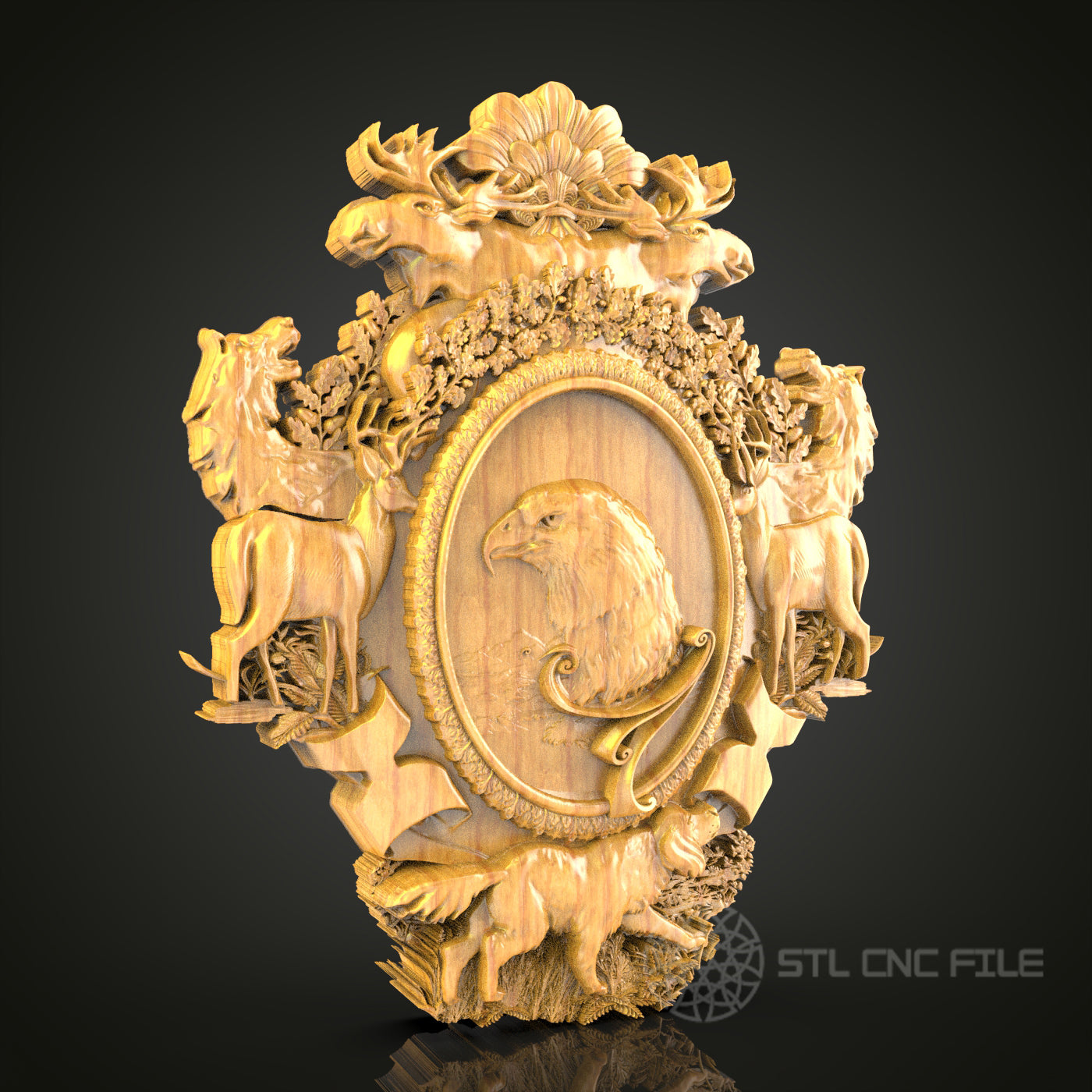 Regal Eagle Crest - Heraldic Eagle 3D CNC Engraved Wood Panel, Artcam Aspire STL Model for CNC Router, Majestic Wall Decor