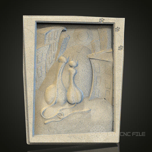 Quaint Alley Cats 3D STL File, CNC and 3D Printer Model, Artistic Urban Scene, Artcam Aspire, Cityscape Wall Decor