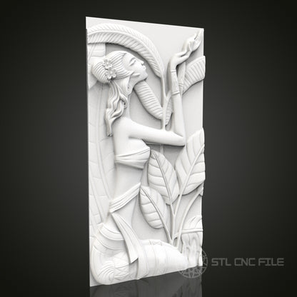 Tropical Serenity - Woman and Leaves 3D CNC Engraved Wood Panel, Artcam Aspire STL Model for CNC Router, Exotic Botanical Art