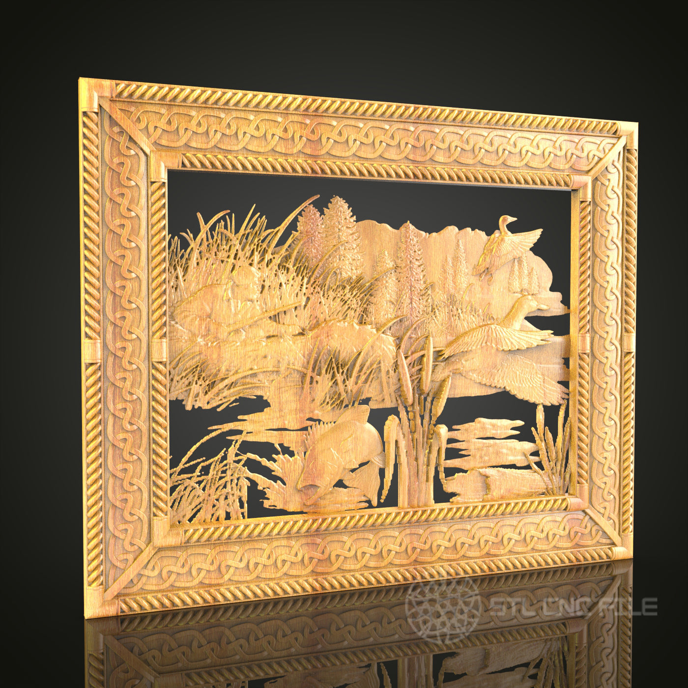 Marshland Wildlife 3D Relief STL File for CNC, Rustic Wood Wall Art with Fish and Birds
