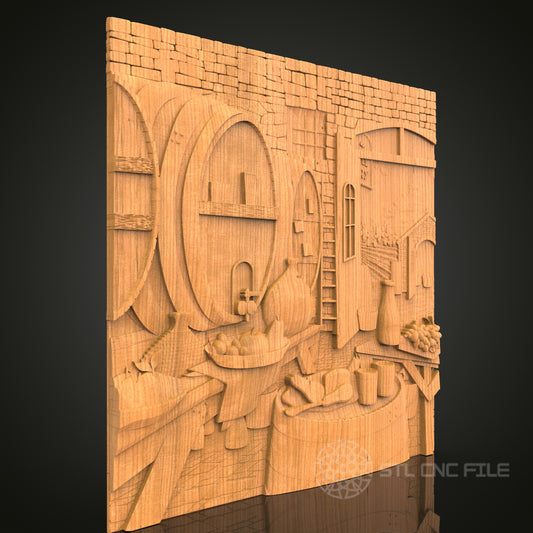 Wine Cellar Scene STL File for CNC - Vintage Winery 3D Wood Carving Design