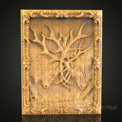 Stag Duel 3D STL Model - CNC Router File for Wildlife Wood Carving, Majestic Deer Wall Art
