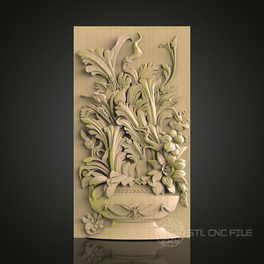 Floral Basket Relief 3D Model STL File for CNC Router, Elegant Plant and Flower Design – Compatible with Artcam, Aspire
