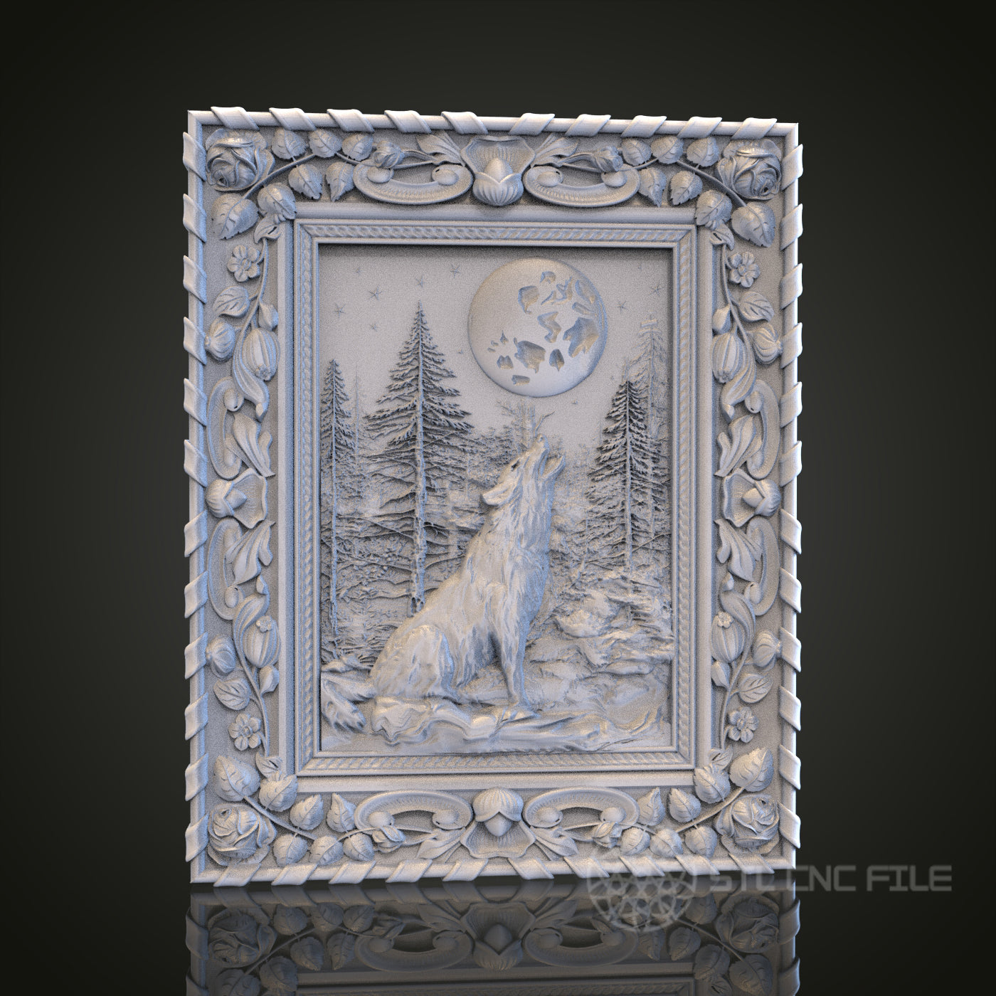 Howling Wolf at Moon STL Model for CNC Router Engraver, Artcam, Aspire, Wood, Wall Decor