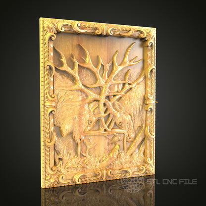 Deer in Forest Scene 3D STL Model for CNC Router - Ornate Wood Carving Digital File, Wall Decor