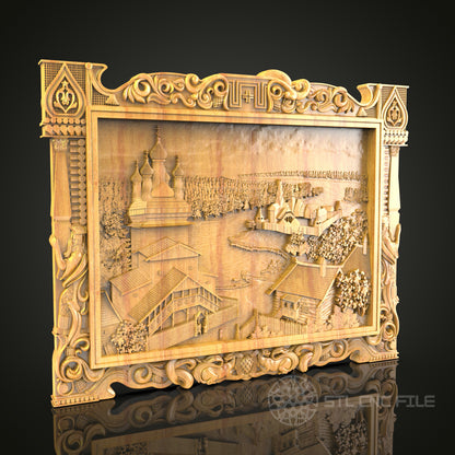 Rustic Village Landscape 3D Relief STL File for CNC, Detailed Architectural Wood Wall Art