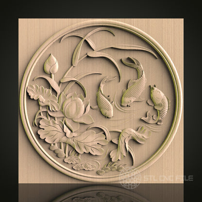 Koi Fish Pond 3D CNC Router Engraver File, STL Model for Artcam Aspire, Wood Wall Decor