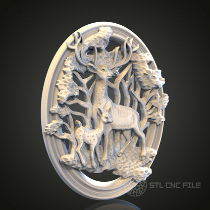 Deer and Fawn in Forest 3D STL File, CNC and 3D Printer Model, Wildlife Art, Artcam Aspire, Nature Wall Decor