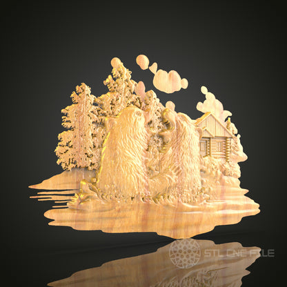 Forest Bears Scene STL File for CNC, 3D Wood Carving, Rustic Cabin Decor, Wildlife Art, Router Engraving