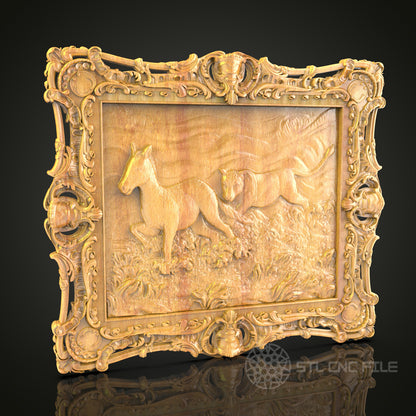 Running Horses 3D Relief STL File for CNC, Elegant Equine Wood Wall Art