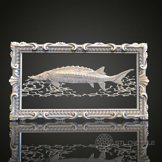 Intricate Fish in Frame Relief STL Model for CNC and 3D Printing, Artcam, Aspire, Wall Decor