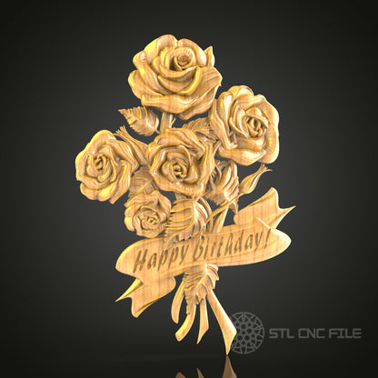 Eternal Roses - Happy Birthday 3D CNC Engraved Wood Panel, Artcam Aspire STL Model for CNC Router, Personalized Birthday Gift