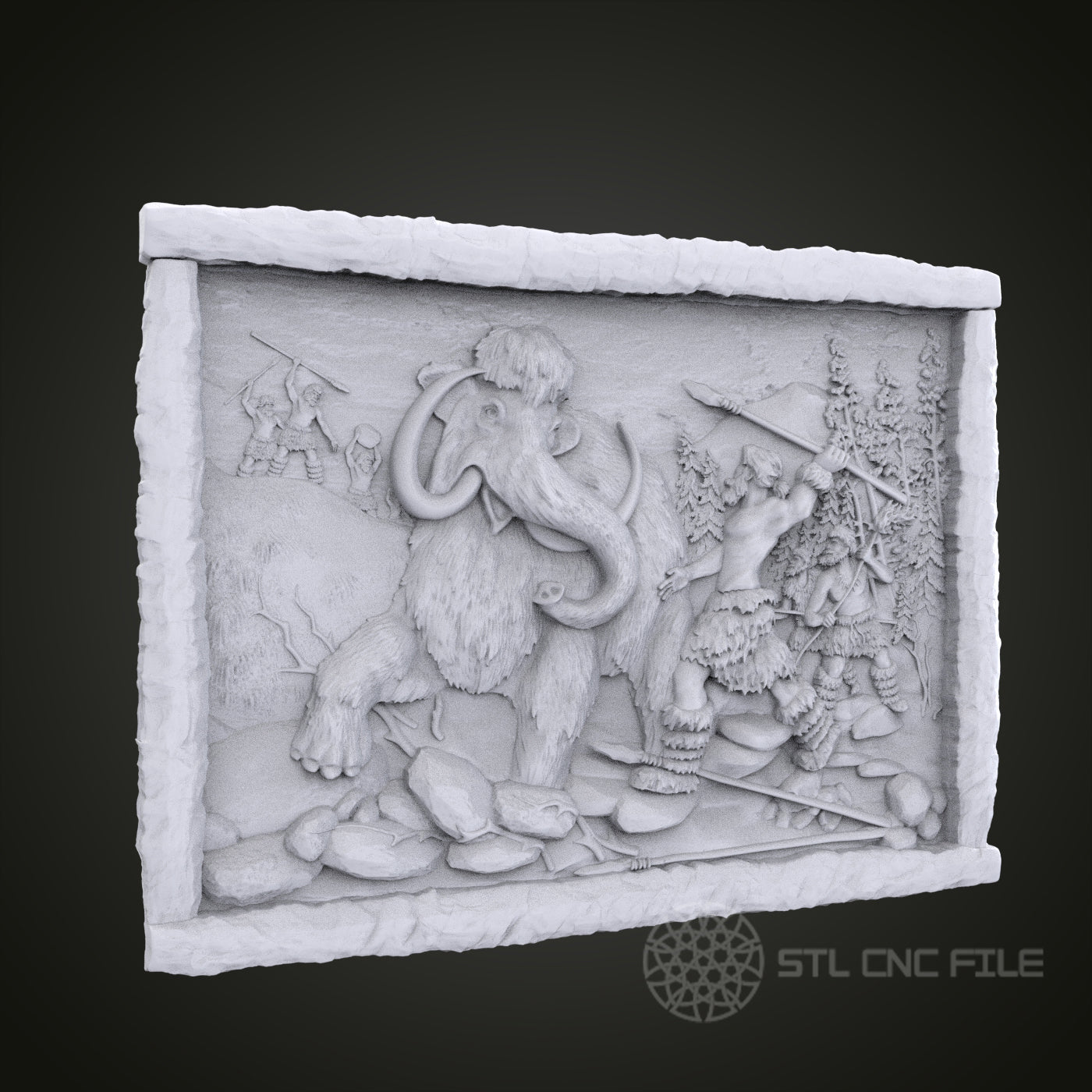 Woolly Mammoth Hunt 3D Relief Art for CNC Router, Artcam, Aspire, Wall Decor, STL Model, Compatible with 3D Printers