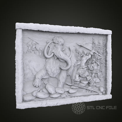 Woolly Mammoth Hunt 3D Relief Art for CNC Router, Artcam, Aspire, Wall Decor, STL Model, Compatible with 3D Printers