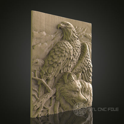 Eagle and Wolf Relief Art STL Model for CNC Router Engraver - Wood Art Wall Decor - 3D Printer File for Artcam and Aspire