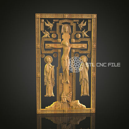 Crucifixion Scene CNC Engraved Panel - Detailed Religious Art, Spiritual Wood Carving