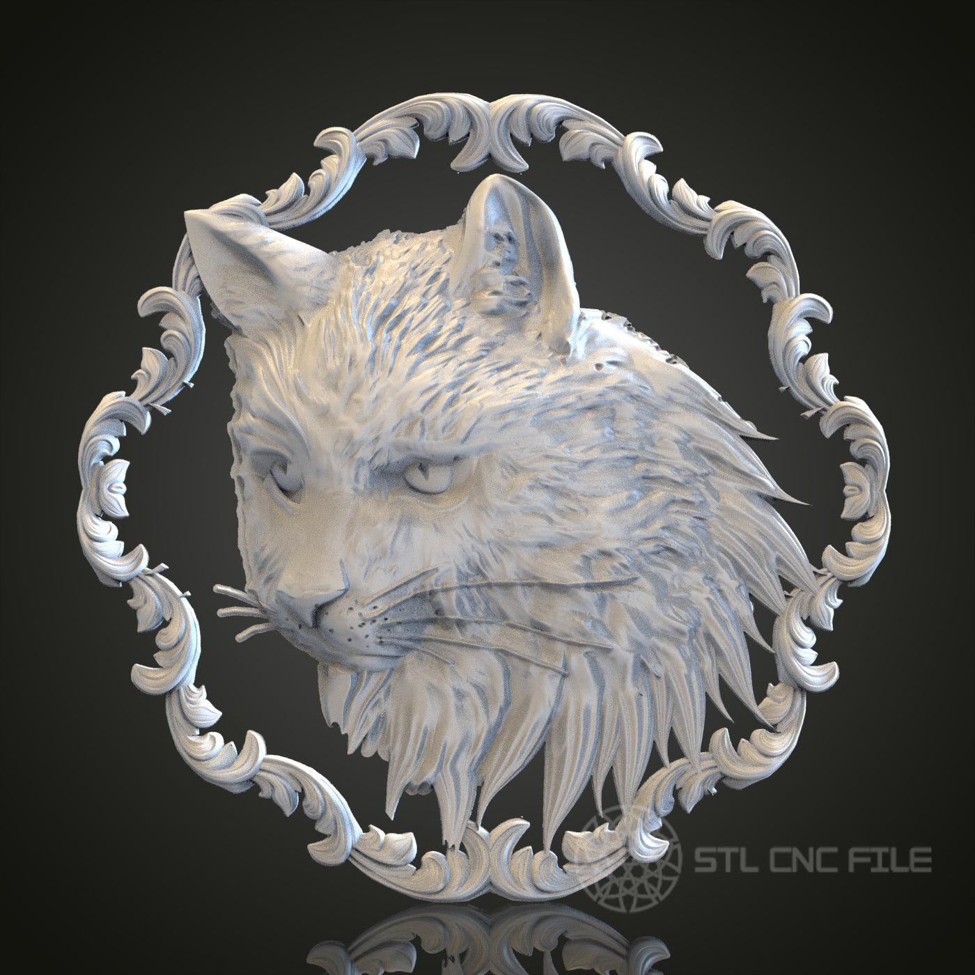 Cat Head in Ornate Frame STL Model for CNC Router Engraver, Artcam, Aspire, Wood, Wall Decor