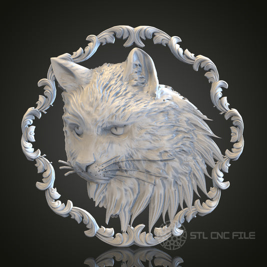 Cat Head in Ornate Frame STL Model for CNC Router Engraver, Artcam, Aspire, Wood, Wall Decor