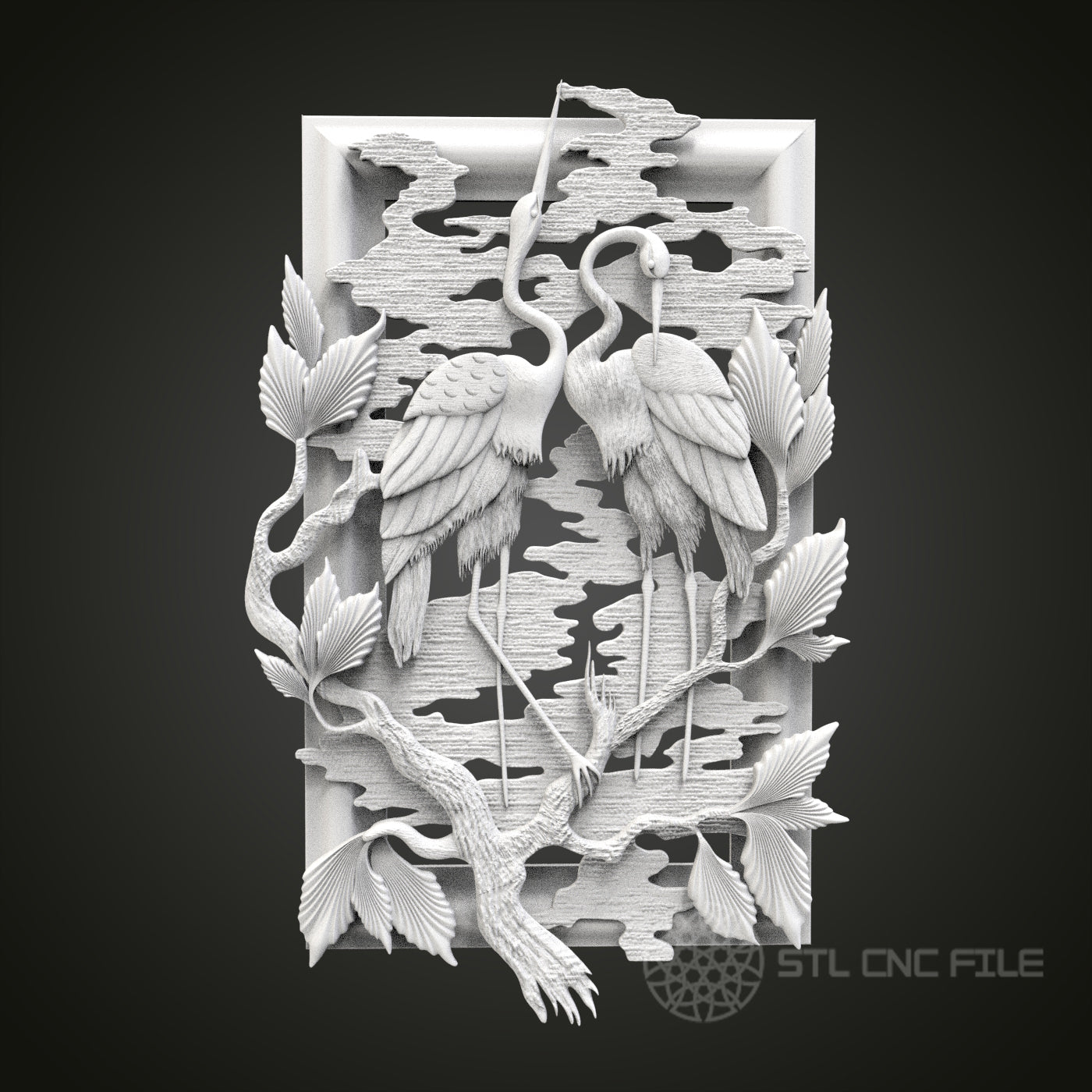 Graceful Cranes Relief - 3D CNC Engraved Wood Panel, Artcam Aspire STL Model for CNC Router, Nature Wall Art
