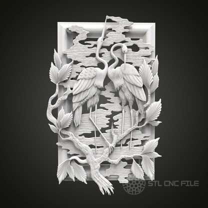 Graceful Cranes Relief - 3D CNC Engraved Wood Panel, Artcam Aspire STL Model for CNC Router, Nature Wall Art