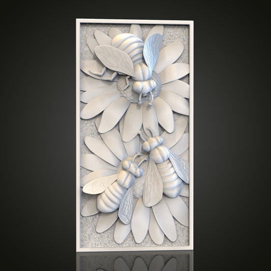 Bees on Flowers Relief STL Model for CNC Router Engraver, Artcam, Aspire, Wood, Wall Decor